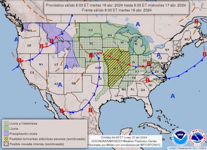 El mapa del pronóstico del NWS para este martes 16 de abril en Estados Unidos