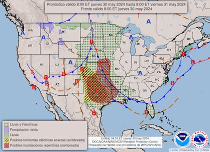 El mapa del pronóstico para este jueves 30 de mayo en EE.UU.