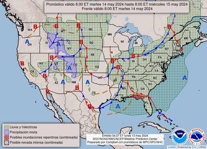 El mapa del pronóstico para este martes 14 de mayo muestra una mejora respecto a las previsiones de lluvias excesivas e inundaciones