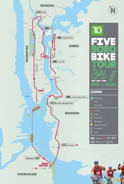 El mapa del recorrido del Five Boro Bike Tour 2026 en Nueva York, en el que participó Mamdani