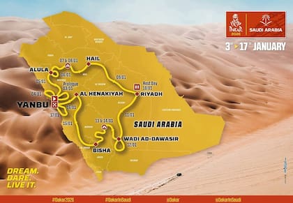 El mapa del recorrido que tendrá el Dakar 2026, en Arabia Saudita