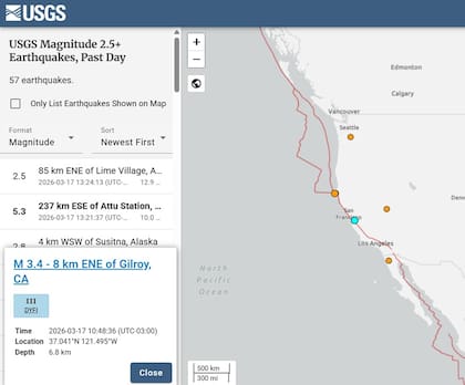 El mapa del USGS mostró un sismo de 3.4 en el norte de California