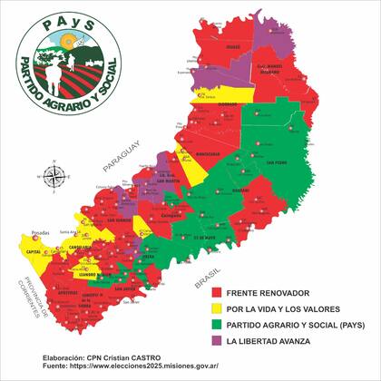 El mapa del voto el domingo en las elecciones a diputado provincial. En verde, los municipios donde se impuso el PAYS, una fuerza que revivió tras la política de desregulación de Milei