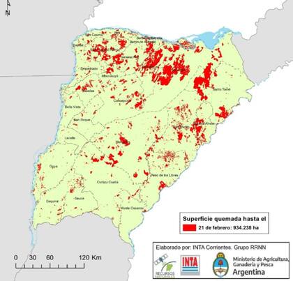 El mapa elaborado por el INTA muestra las zonas afectadas por los incendios en la provincia