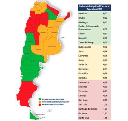 El mapa elaborado por la ONG Transparencia Electoral que clasifica a las provincias según su grado de integridad electoral