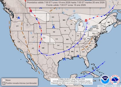 El mapa meteorológico del NWS muestra las alertas por las intensas nevadas que marcarán el clima este lunes en EE.UU.