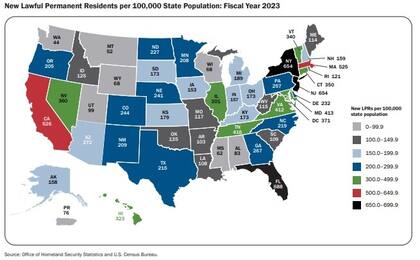 El mapa muestra a los nuevos residentes permanentes legales por cada 100 mil habitantes para el año fiscal 2023