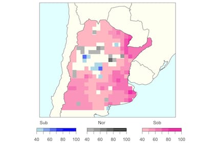 El mapa muestra a más de la mitad del país con señales de una mayor ocurrencia de altas temperaturas por encima de lo habitual (marcado en color rosa)