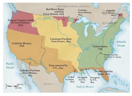 El mapa muestra cómo creció el territorio de los Estados Unidos con el correr de los años y a través de compras, anexiones, cesiones...