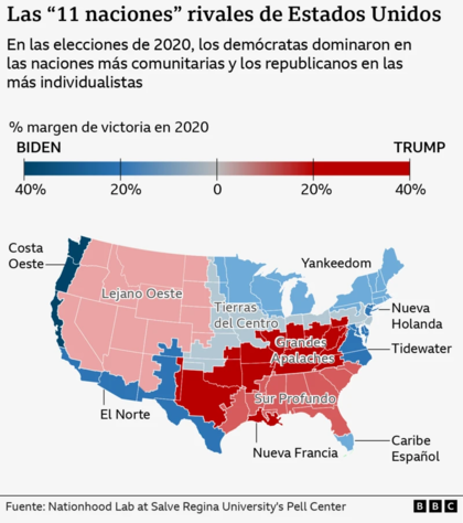 El mapa muestra cómo se distribuyen geográficamente las 11 naciones históricas en EE.UU.