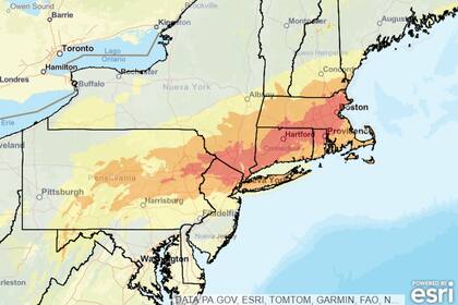 El mapa muestra en naranja y rojo las áreas con más riesgos de impactos derivados de la tormenta invernal durante el 12 y 13 de febrero