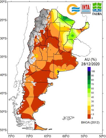 El mapa muestra la escasa a nula agua útil en el perfil de los suelos a nivel país