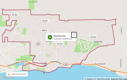 El mapa muestra las casas en venta en Montecito, California
