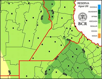El mapa muestra las reservas de agua a igual fecha de 2024, menores a las actuales
