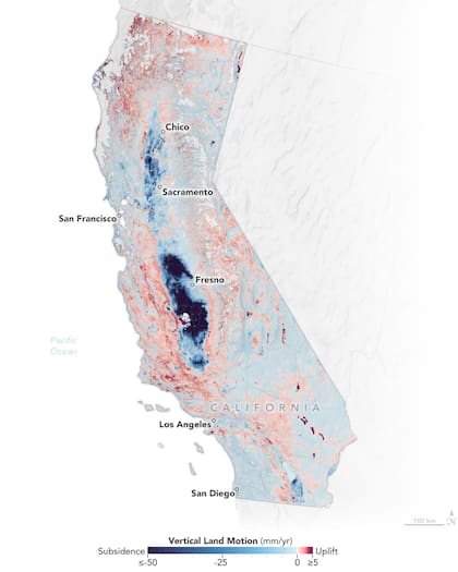 El mapa muestra las zonas de California que se hunden