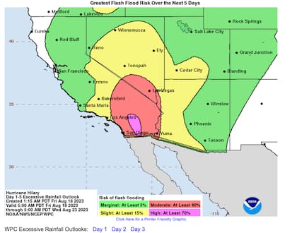 El mapa muestra las zonas donde habría inundaciones por Hilary