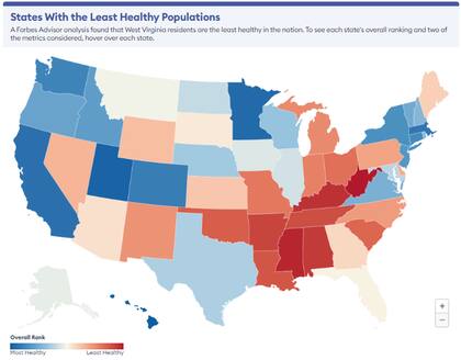 El mapa muestra los estados menos saludables en color rojo y los más saludables en color azul
