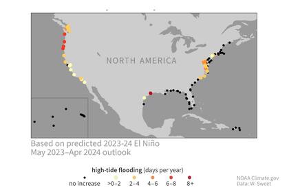 El mapa muestra los puntos con riesgos de inundación a partir de los cambios del clima causados por El Niño