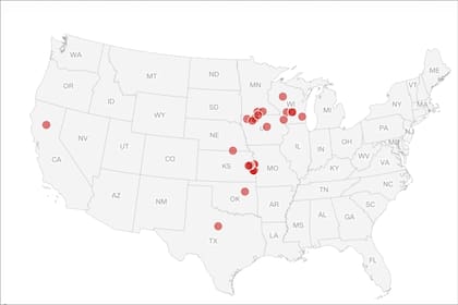 El mapa muestra los tornados que se desarrollaron en los últimos días en EE.UU., con actividad desde California a Texas