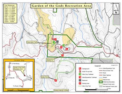 El mapa para visitantes del Jardín de los Dioses en Illinois