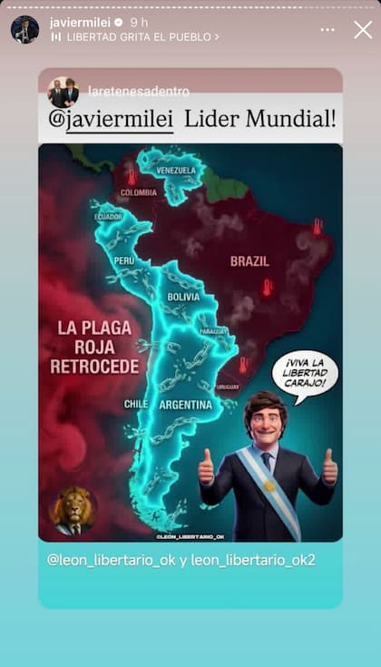 El mapa que compartió Milei sobre el avance de la derecha en América Latina