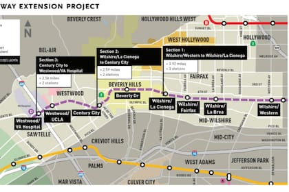 El mapa que muestra el proyecto de ampliación de la Línea D del Metro de Los Ángeles