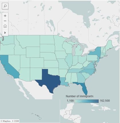 El mapa que muestra la distribución de los migrantes hondureños en Estados Unidos