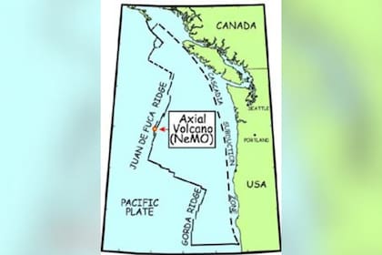 El mapa que muestra la ubicación del volcán Axial
