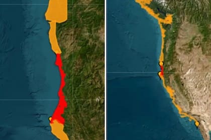 El mapa que muestra la zona roja de la alerta de tsuami en EE.UU.