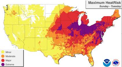 El mapa que representa las cuatro categorías de riesgo por la ola de calor. El color morado representa el nivel más extemo
