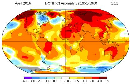 El mapa térmico elaborado por la NASA para abril