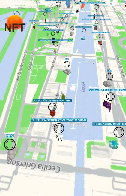 El mapa virtual de XReal muestra las obras geolocalizadas en Puerto Madero y las "nubes de información"