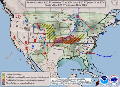 El mapaa del pronóstico del clima en EE.UU. para este miércoles 3 de julio
