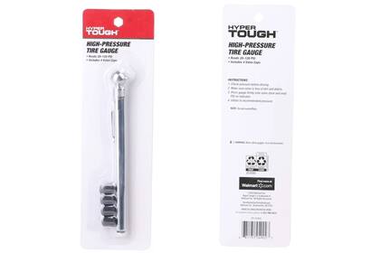 El medidor de neumáticos de Hype Tough tiene el tamaño de un lápiz, mide entre 20 y 120 PSI, viene con cuatro tapas de válvula adicionales y cuesta US$3,47 (Walmart)