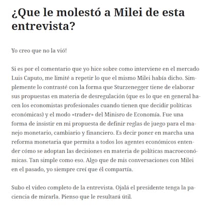 El mensaje completo de Cavallo a Milei