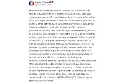 El mensaje completo de Donald Trump contra Venezuela en Truth Social