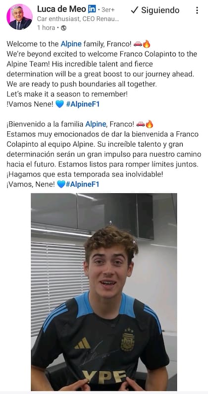 El mensaje con el que Luca de Meo, CEO del Grupo Renault, le dió la bienvenida a Franco Colapinto