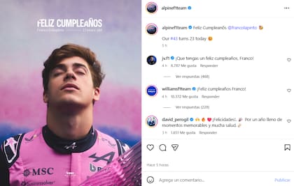 El mensaje de Alpine para Franco Colapinto y los saludos de Williams (Foto: Instagram @alpinef1team)