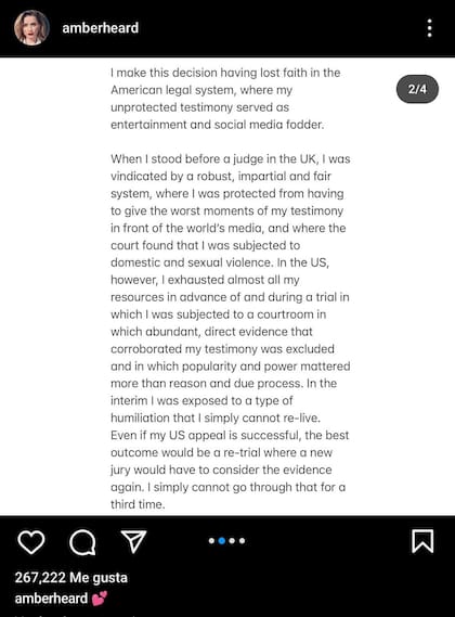 El mensaje de Amber Heard sobre su decisión tras el juicio de Johnny Depp (Foto: Captura de Instagram/@amberheard)