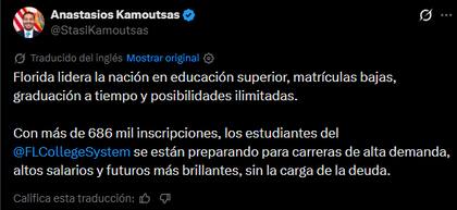 El mensaje de Anastasios Kamoutsas en las redes sociales sobre el logro en educación de Florida