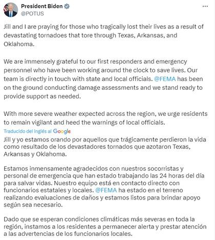 El mensaje de apoyo de Biden en sus redes sociales