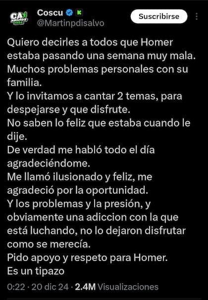 El mensaje de apoyo de Conscu a Homer el Mero Mero