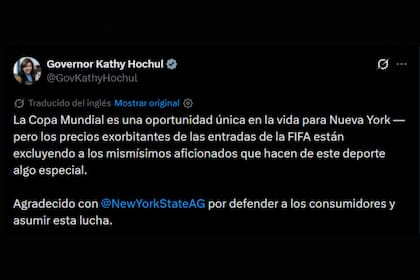 El mensaje de apoyo de Hochul a la investigación a la FIFA por los precios de las entradas para el Mundial 2026