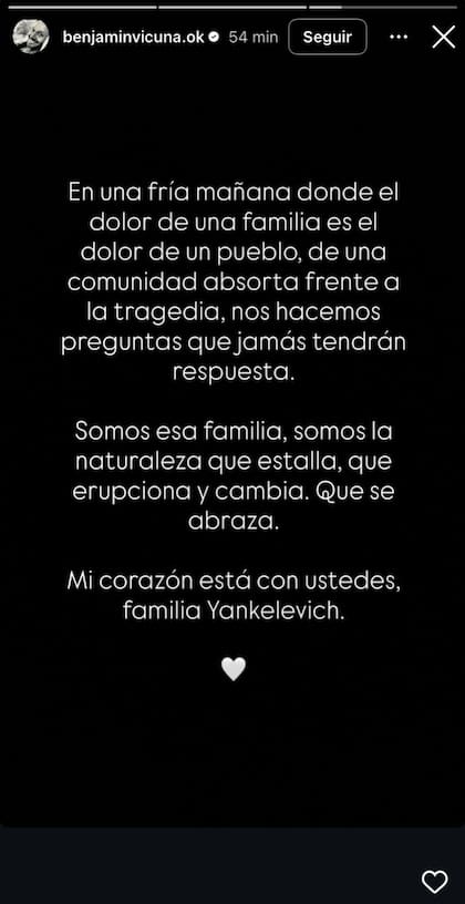 El mensaje de Benjamín Vicuña tras la muerte de Mila Yankelevich, nieta de Cris Morena (Captura: Instagram @benjaminvicuna.ok)