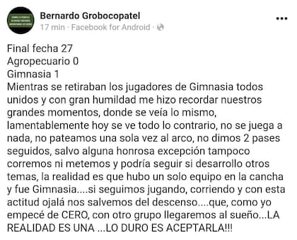 El mensaje de Bernardo Grobocopatel, presidente de Agropecuario, luego de la derrota de su equipo ante Gimnasia de Mendoza