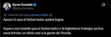 El mensaje de Byron Donalds en redes sociales