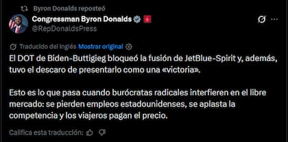 El mensaje de Byron Donalds en redes sociales