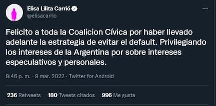 El mensaje de Carrió, tras el acuerdo entre el Gobierno y la oposición.