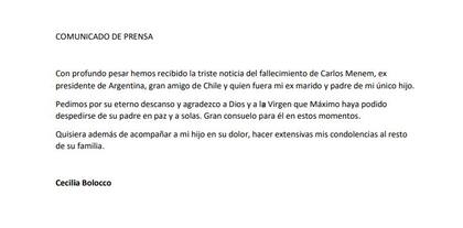 El mensaje de Cecilia Bolocco, tras la muerte de Carlos Menem