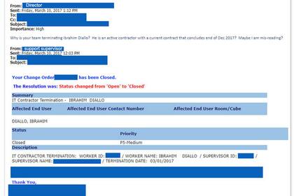 El mensaje de correo electrónico que confirma el despido de Ibrahim Diallo
